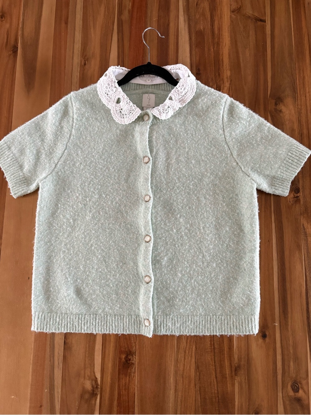 Joie Mint Short-Sleeve Button Cardigan with Crochet Collar